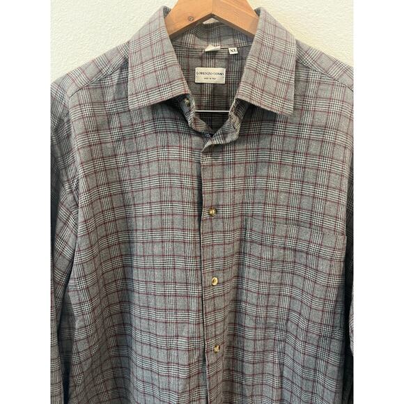 Lorenzo Uomo Mens Red/Gray Grid Plaid Cotton Button Up Shirt Holiday | Size XL - Picture 6 of 6